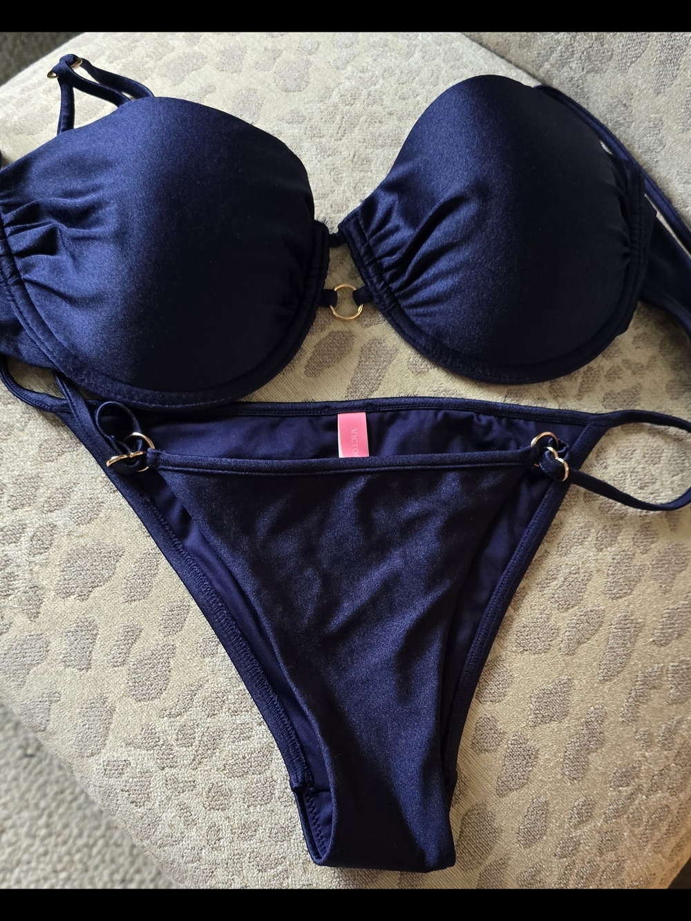 NWT New, No Tags, Unworn Victoria's Secret Navy Sheen Bikini, Top L, Bottom S